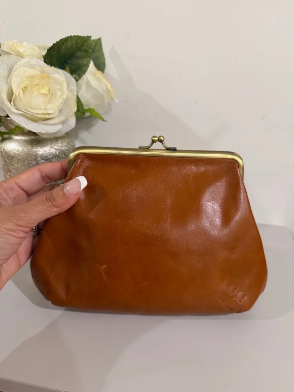 Patricia Nash Savena Framed Kisslock Clutch Wristlet Brown Leather Handbag